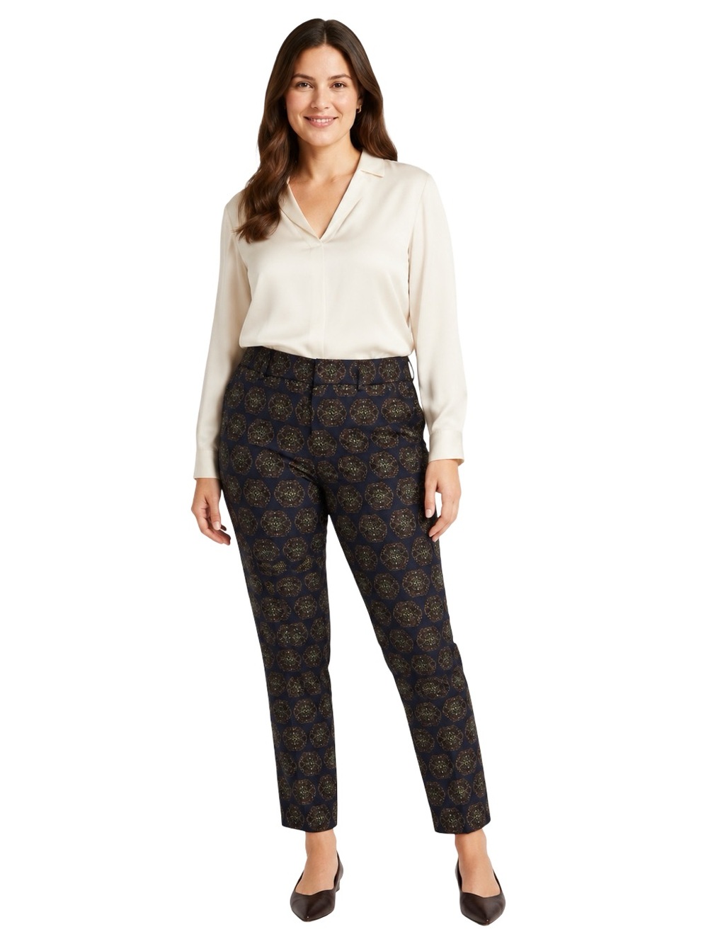 LOFT Marisa Navy Medallion Print Slim Ankle Pants Size 10 Like New
